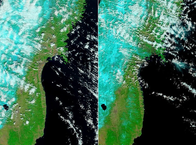 Zdjęcia wykonane przez satelitę NASA, przedstawiające północno-wschodnią część Japonii - po lewej zdjęcie z 26 lutego, po prawej - z 12 marca