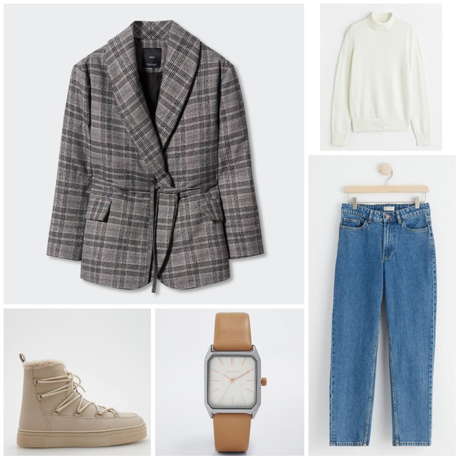 Sako „Mango“, rolka „H&M“, farmerke „Lindex“, čizme „Reserved“