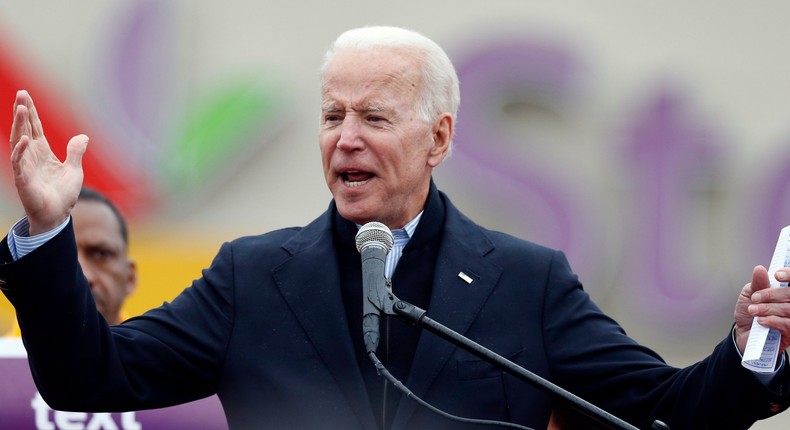 Former vice president Joe Biden speaks at a rally in support of striking Stop & Shop workers in Boston, Thursday, April 18, 2019. (AP Photo/Michael Dwyer)