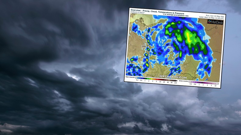 Przed nami bardzo deszczowy poniedziałek. Zrobi się też chłodniej (mapa: wxcharts.com)