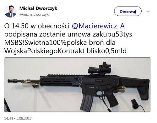 Tweet Dworczyka informujący o zakupie Grota.