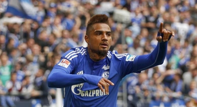 FC Schalke 04's Kevin-Prince Boateng celebrates a goal against VfB Stuttgart during their Bundesliga first division soccer match in Gelsenkirchen, Germany May 2, 2015. Schalke 04 won the match 3-2. REUTERS/Ina Fassbender.