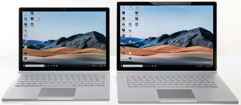 Porównanie wielkości obu Surface Book 3: model 15-calowy jest nieco wyższy­ i szerszy i waży o niecałe 300 gramów więcej