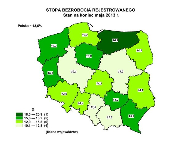 Stopa bezrobocia rejestrowanego, maj 2013. Źródło: GUS.