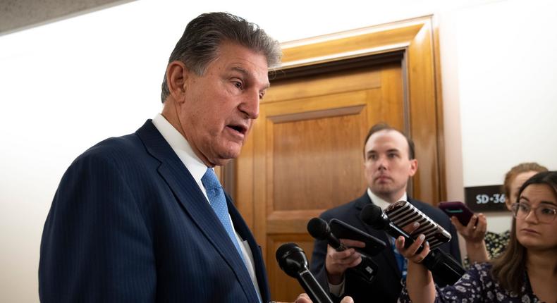 Sen. Joe Manchin (D-WV) speaks to reporters about infrastructure legislation on Capitol Hill June 24, 2021 in Washington, DC. A bipartisan group of Senators and White House negotiators have agreed on a framework for infrastructure legislation and will meet with President Joe Biden today.
