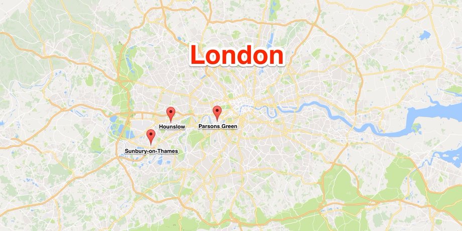 A map showing the location of major developments in the Parsons Green bombing investigation.