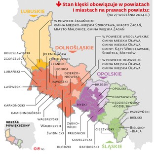 Stan klęski obowiązuje w powiatach i miastach na prawach powiatu: (na 27 września 2024 r.)