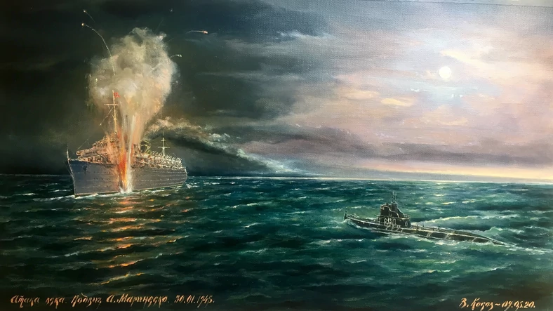 Obraz przedstawiający atak na okręt MS Wilhelm Gustloff