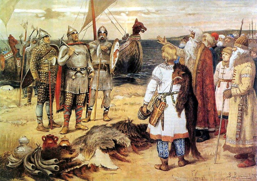Ruryk wraz z braćmi Syneusem i Truworem witany w Starej Ładodze, obraz Wiktora Wasniecowa z 1898 roku (domena publiczna)