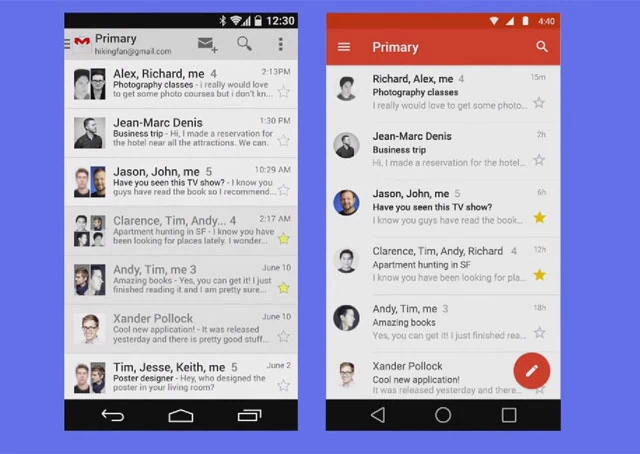 Aplikacja Gmail w wersji z Androida 4.4 (po lewej) i w odświeżonej wersji Material Design (po prawej)