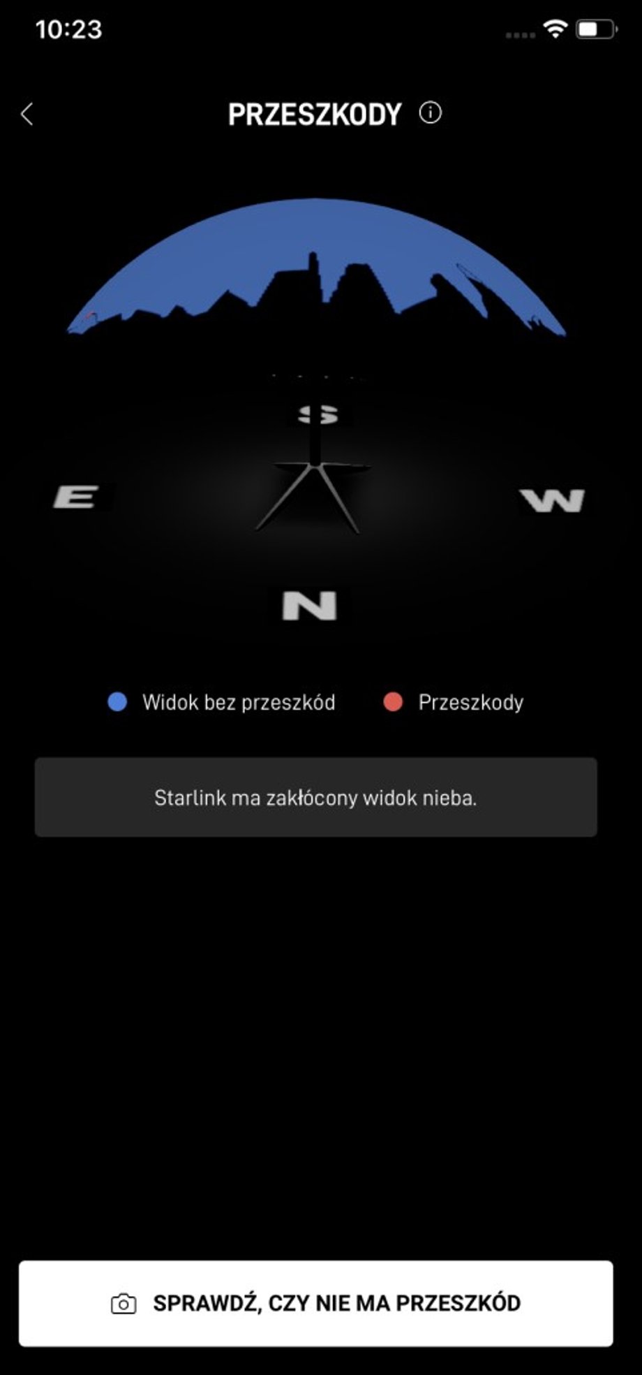 Aplikacja mobilna Starlink - sprawdzanie przeszkód