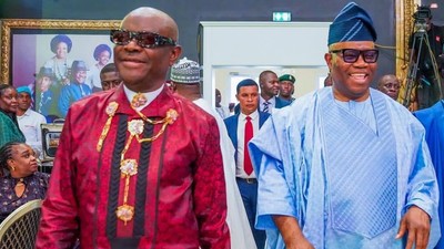 Senate President, Godswill Akpabio and former Rivers State Governor, Nyesom Wike. [Twitter:@KingAmakiriTheo]