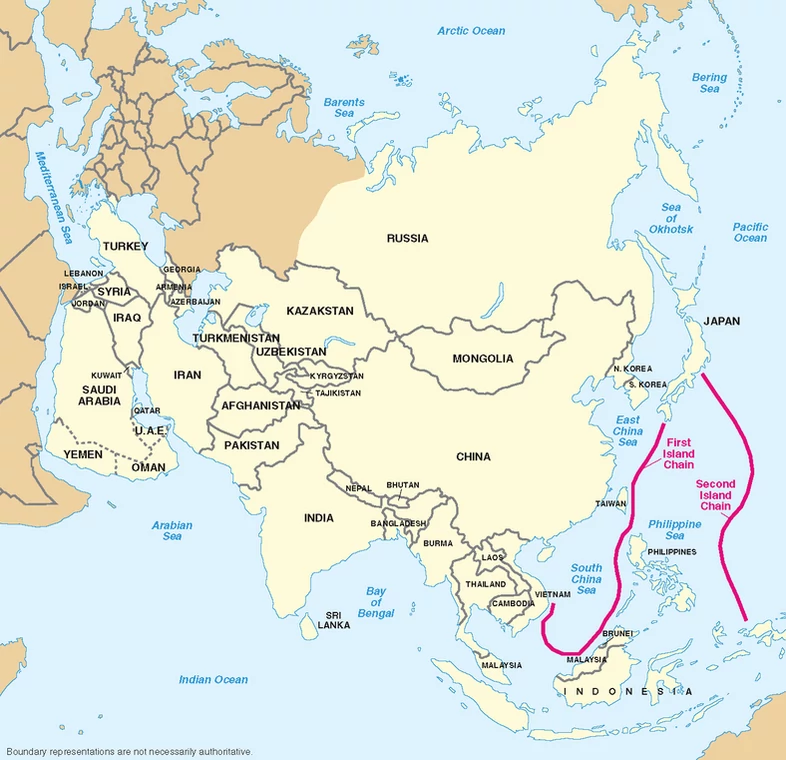 Mapa prezentująca pierwszy oraz drugi łańcuch wysp na wschód od chińskiego wybrzeża