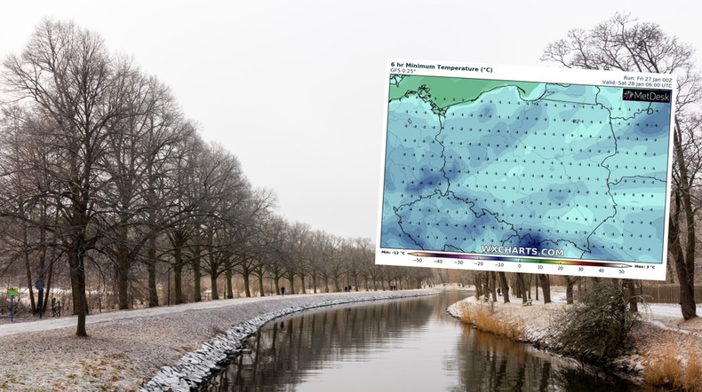 W piątek będzie zimno i miejscami poprószy śnieg (mapa: wxcharts.com)