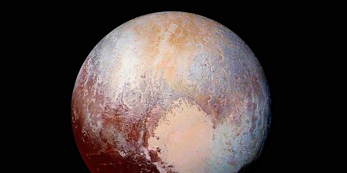 Pluto photo from four images from New Horizons' Long Range Reconnaissance Imager (LORRI) combined with color data from the Ralph instrument
