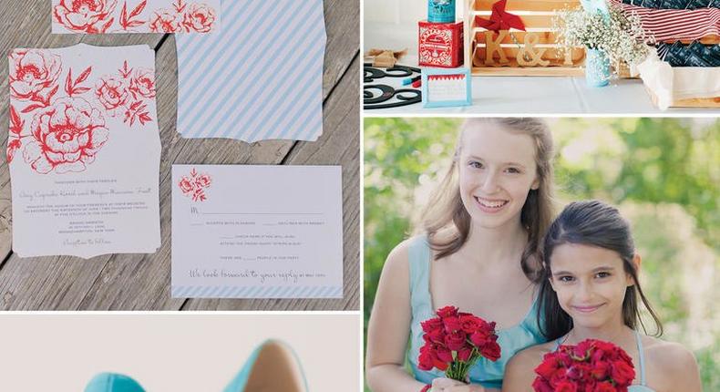 Wedding color combination of aqua, cherry red and khaki