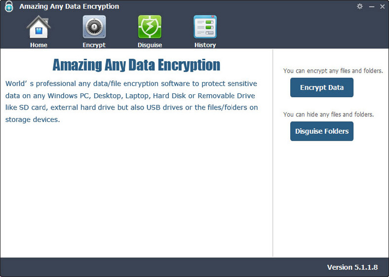 Główne okno programu do szyfrowania i ukrywania plików i folderów - Amazing Any Data Encryption