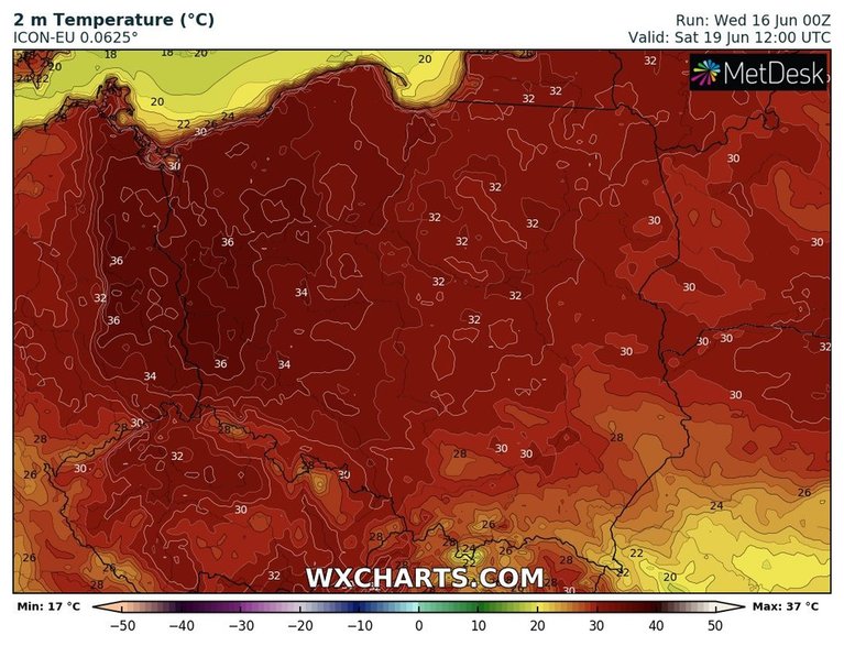 Prognozowana temperatura w sobotę po południu