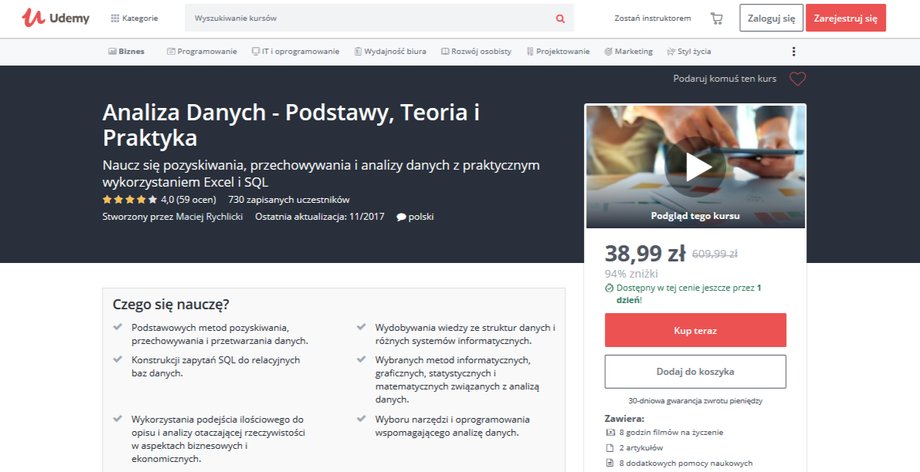 Kurs Udemy pozwala na szybkie opanowanie podstaw pozyskiwania, przetwarzania i analizy danych 