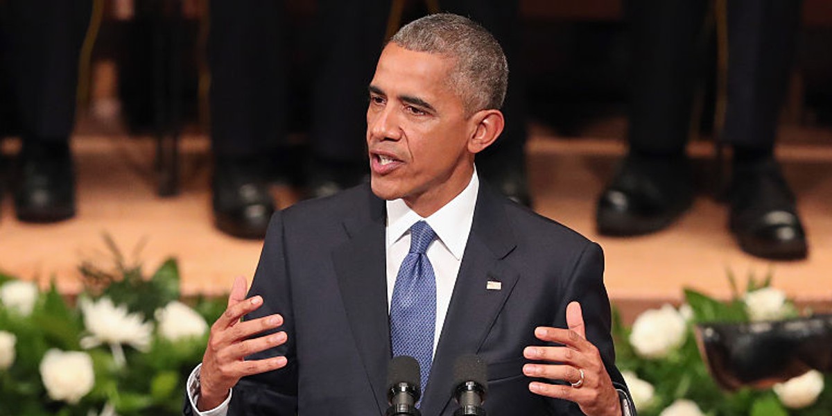 US President Barack Obama at an interfaith memorial service, honoring five slain police officers, at the Morton H. Meyerson Symphony Center on Tuesday in Dallas.