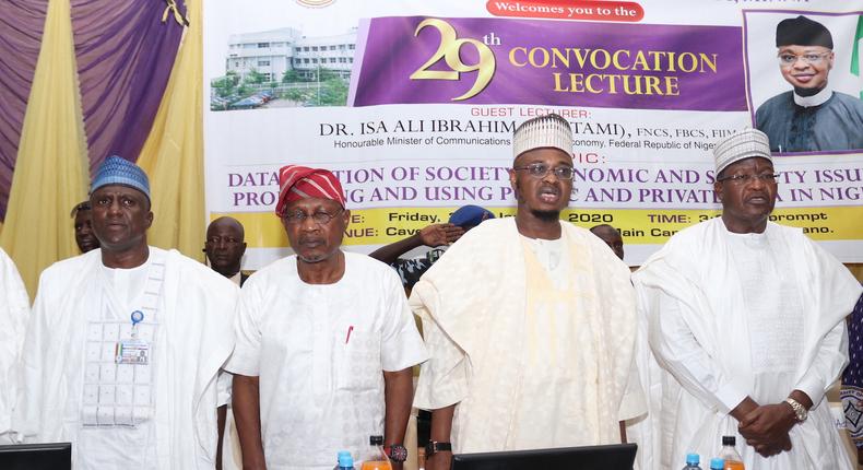 L-R: Prof. Abdullahi Bala, Vice Chancellor, Federal University of Technology, Minna (FUTM), Niger State; Prof. Femi Odekunle, Pro-Chancellor/Chairman, FUTM Council; Dr. Isa Pantami, Hon. Minister of Communications and Digital Economy;  and Prof. Umar Danbatta, Executive Vice Chairman, Nigerian Communications Commission (NCC) during the Convocation Lecture.