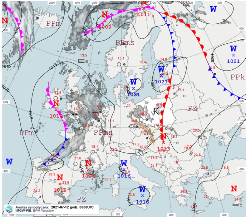 Mapa synoptyczna Europy, 12.07, godz. 00 UTC