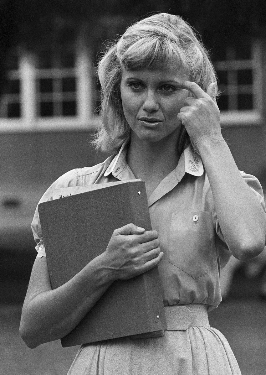 Olivija Njutn Džon na snimanju filma Briljantin u Los Anđelesu 1977.
