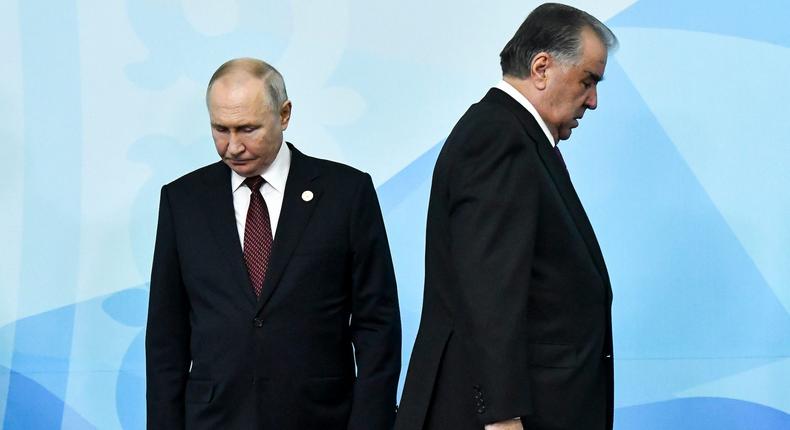 Russian President Vladimir Putin and Tajikistan's President Emomali Rahmon after posing for a photo prior to a meeting in Bishkek, Kyrgyzstan, in October 2023.AP Photo/Vladimir Voronin