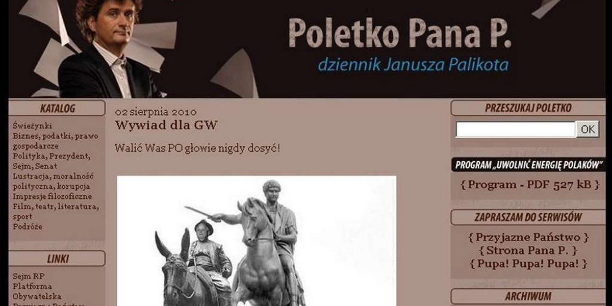 Janusz Palikot przechodzi samego siebie. Polityk PO na swoim blogu umieścił fotomontaż nowego pomnika pod Pałacem Prezydenckim. Widnieje na nim Lech Kaczyński na osiołku i książę Józef Poniatowski na koniu