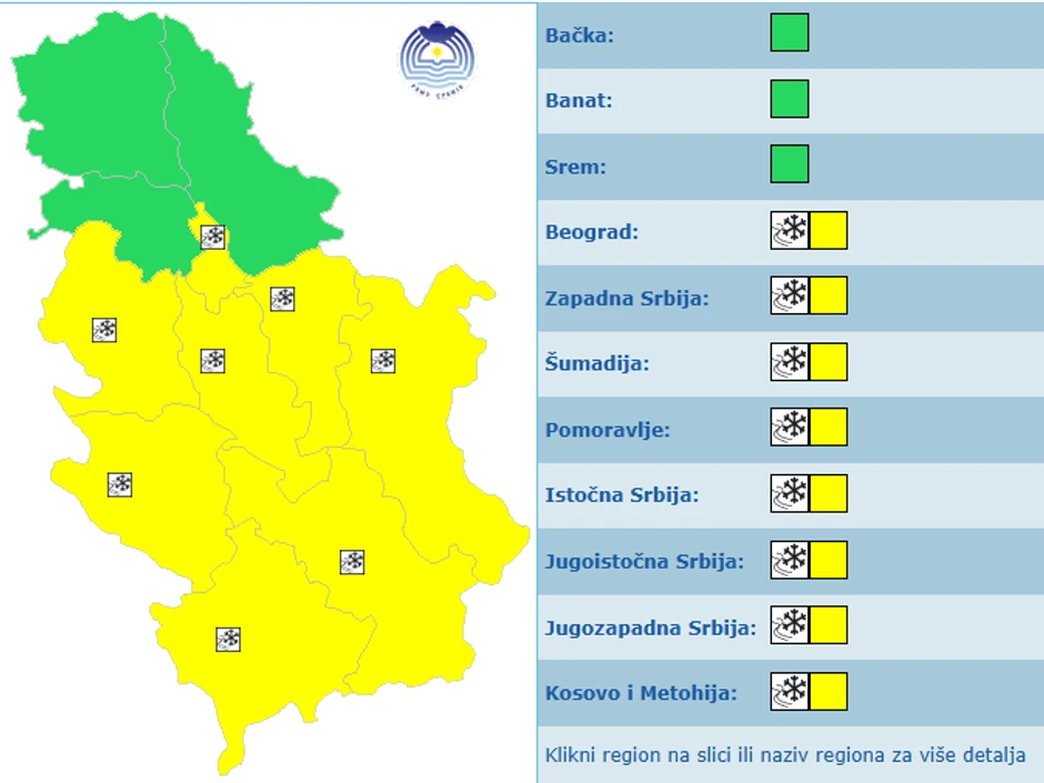 Meteoalarm za ponedeljak