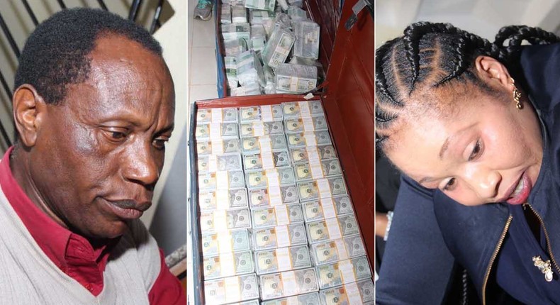 A collage image of two suspects who were arrested with fake cash equivalent to SH 32 billion in Ruiru