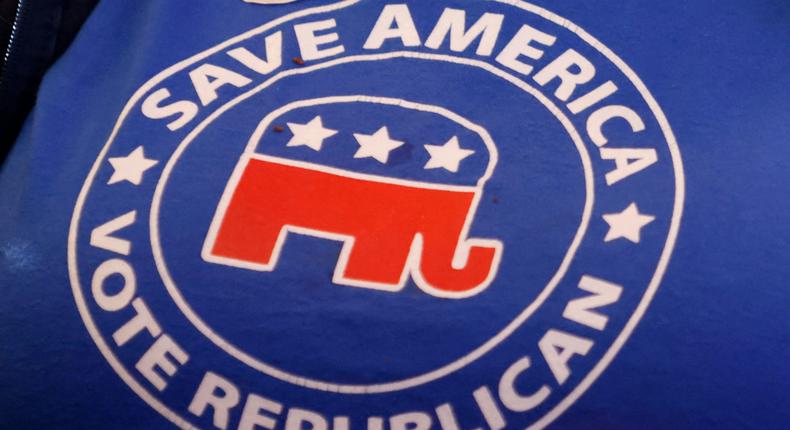 A woman wearing a Republican t-shirt at a convention.PAUL VERNON/Getty Images