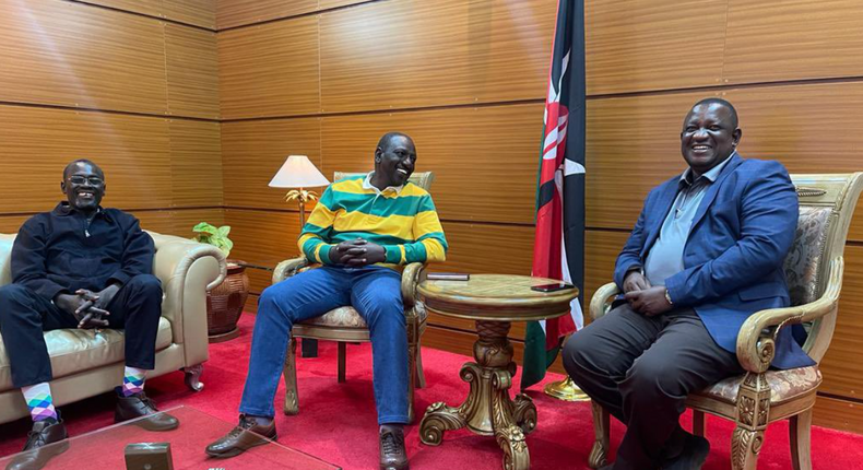 Dr William Ruto with Josphat Nanok and Salim Mvurya at the Jomo Kenyatta International Airport on February 27, 2022