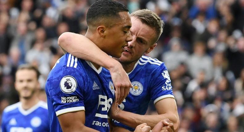 Leicester's Youri Tielemans and Jamie Vardy (R) celebrate against Manchester United Creator: Paul ELLIS