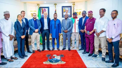 Lagos State Deputy Gov. Dr Obafemi Hamzat (middle) officials of CAF and officials of the state government. [NAN]