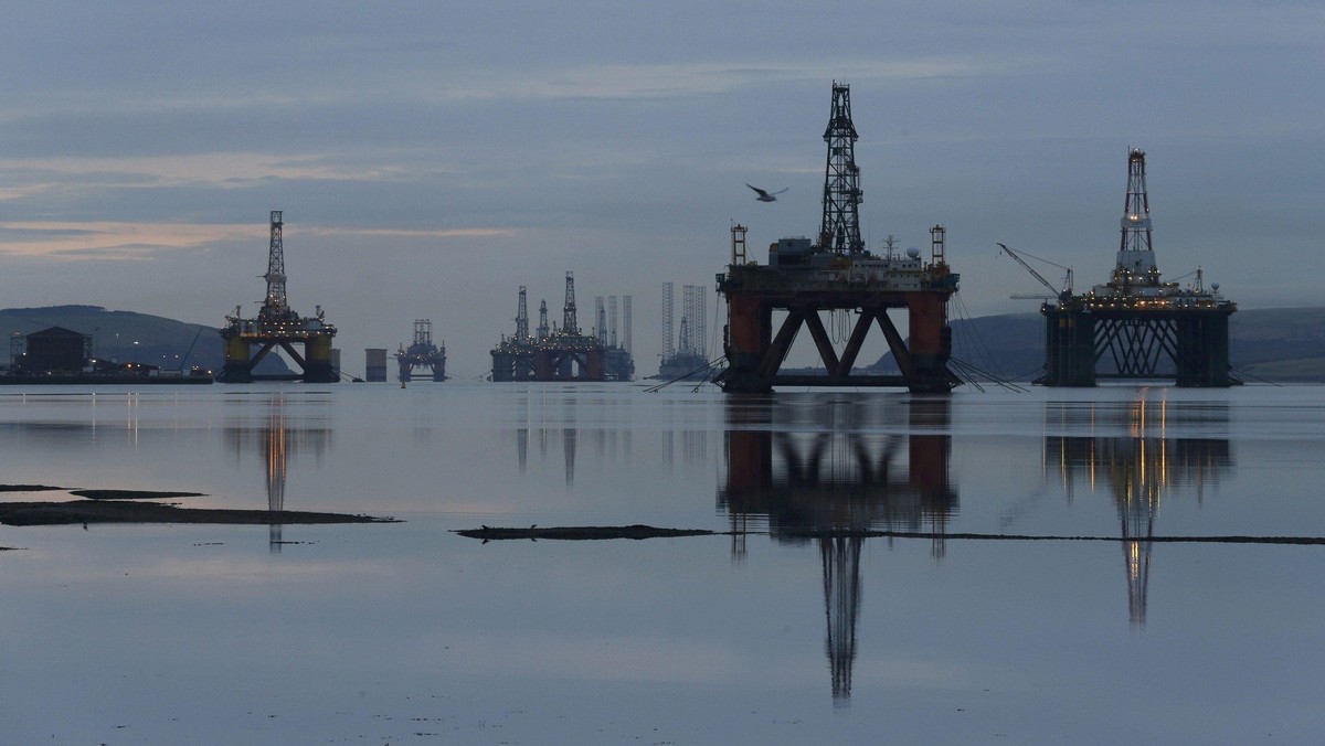 Drilling rigs are parked up in the Cromarty Firth near Invergordon, Scotland