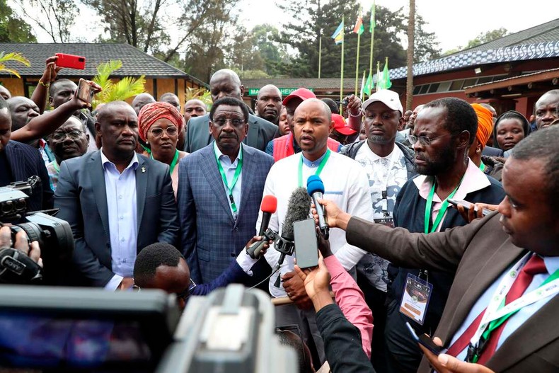 File image of Saitabao Ole Kanchory addressing a press conference at Bomas of Kenya flanked by other Azimio la Umoja leaders during the August general elections