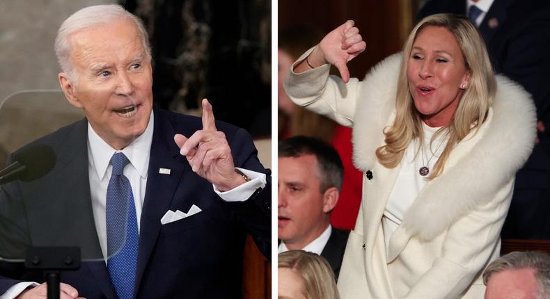 A composite image of President Joe Biden and Rep. Marjorie Taylor Greene, a Georgia Republican, booing the president during the State of the Union.Susan Walsh/AP; Win McNamee/Getty Images