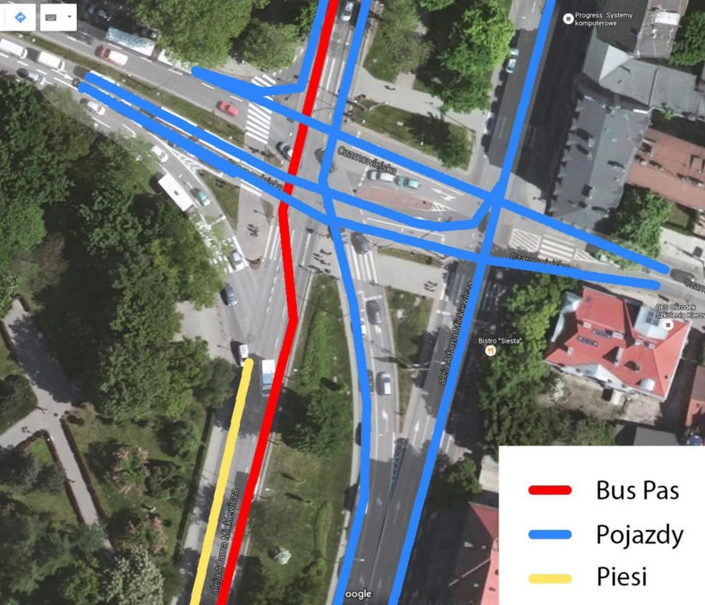 Organizacja buspasa przy skrzyżowaniu ulicy Czarnowiejskiej z al. Mickiewicza