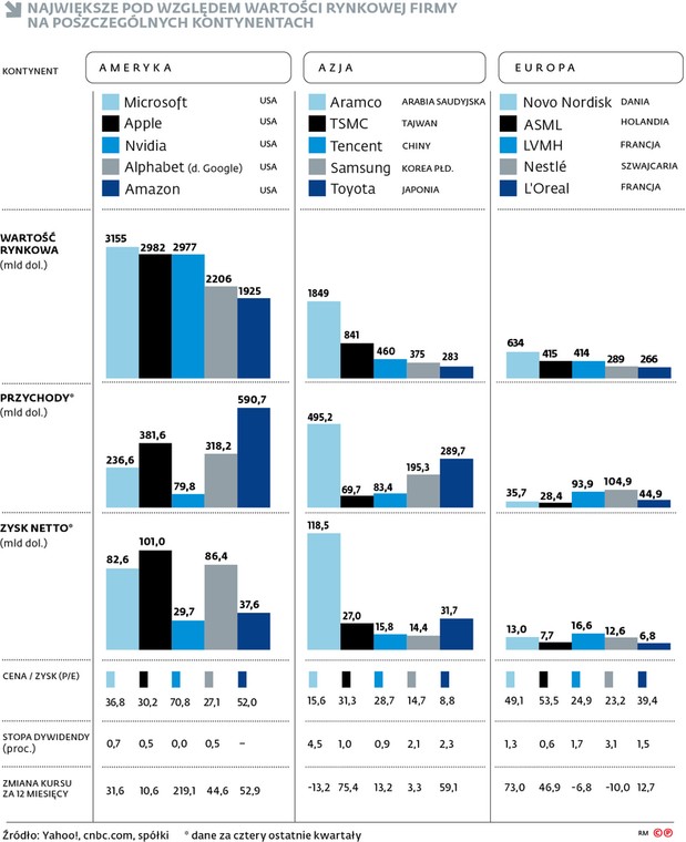 Największe pod względem wartości rynkowej firmy na poszczególnych kontynentach