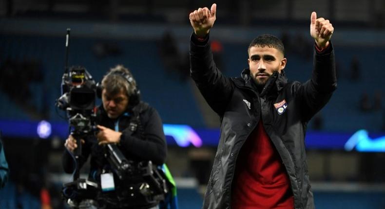 Nabil Fekir celebrates at the end of Lyon's stunning win away to Manchester City