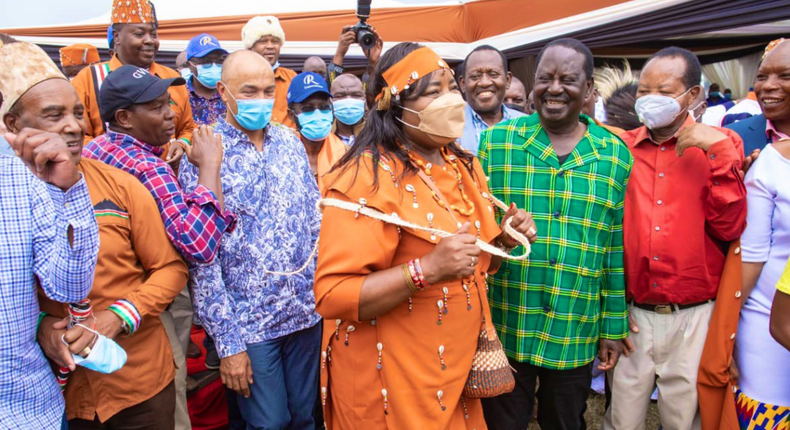 Mama Ida Odinga adorned in the Kikuyu traditional attire for women, christened Nyawira during Raila Odinga's Nyeri tour