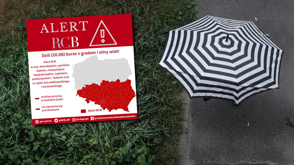 Mapa alertów RCB. W tle osoba z parasolem