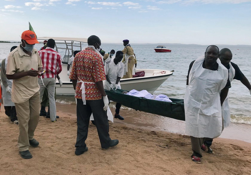 MV Nyerere that overturned is seen off the shores of Ukara Island in Lake Victoria