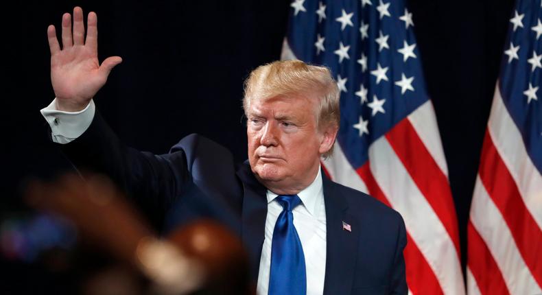 President Donald Trump waves to. supporters after speaking at a rally to launch Black Voices for Trump Friday, Nov. 8, 2019, in Atlanta. (AP Photo/John Bazemore)