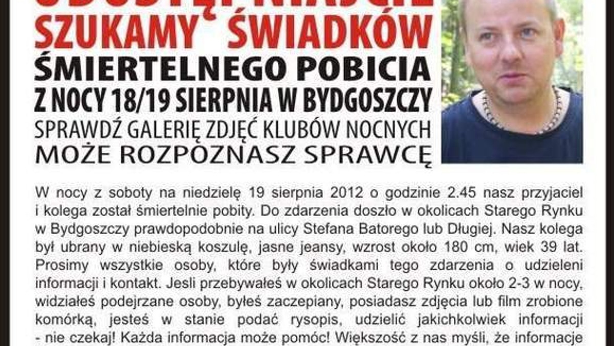 Śledczy bydgoskiej prokuratury zdradzają wstępne ustalenia biegłych Zakładu Medycyny Sądowej UMK po sekcji zmarłego w środę 39-letniego biznesmena z Bydgoszczy: - Póki co nie ma dowodu, że ten mężczyzna uczestniczył w bójce. Czekamy na pełny raport z badań.