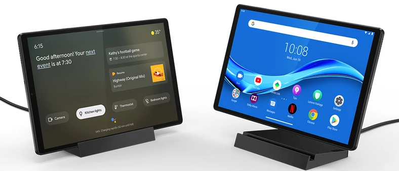 Do Lenovo Smart Tab dołączona jest stacja ładująca, która w razie potrzeby zmienia urządzenie w inteligentny ekran. Uwaga! Tablet sprzedawany jest też w wersji bez stacji