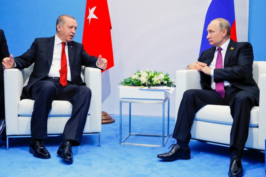 Russian President Vladimir Putin with Turkish President Recep Tayyip Erdogan at the G-20 summit in Hamburg, Germany, July 8, 2017.