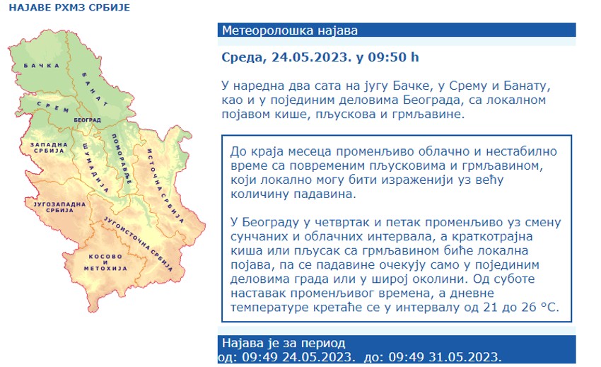 Kiša, pljuskovi i grmljavina na jugu Bačke, u Sremu i Banatu, kao i u pojedinim delovima Beograda