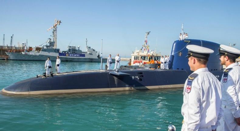 A German-made Israeli Navy Dolphin 2 class submarine arrives at Haifa's military port on January 12, 2016. The submarines are the most sophisticated in Israel's fleet